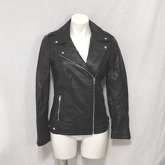 Mark Alan New York Black Quilted Sleeves Faux Leather Belted Moto Jacket Small - Picture 2 of 11